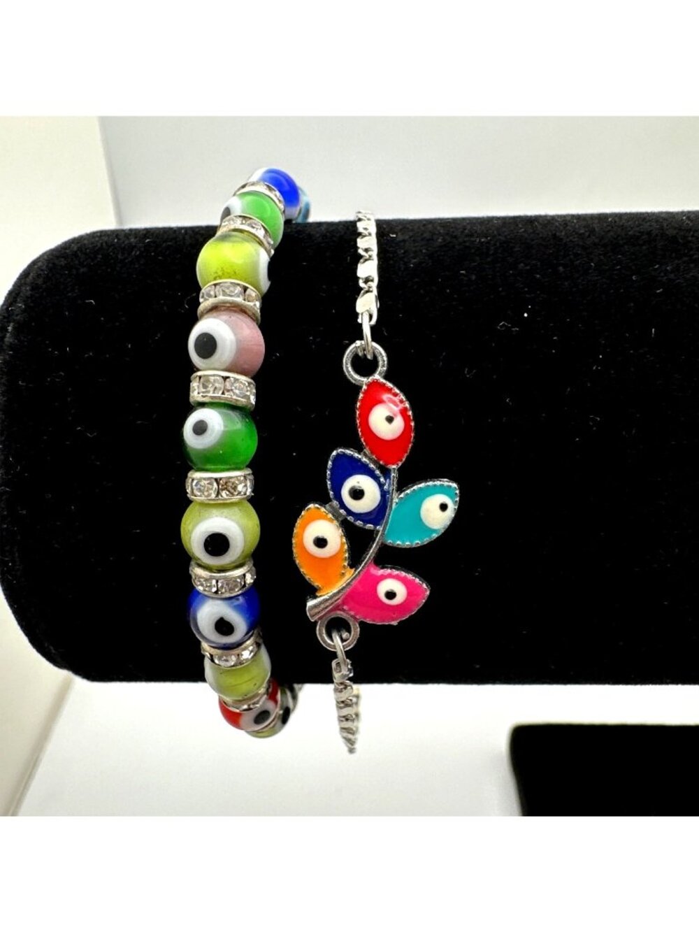 Multicolor Evil Eye Bead Bracelets Leaf Charm Bracelet lot of 2 Adjustable Fit